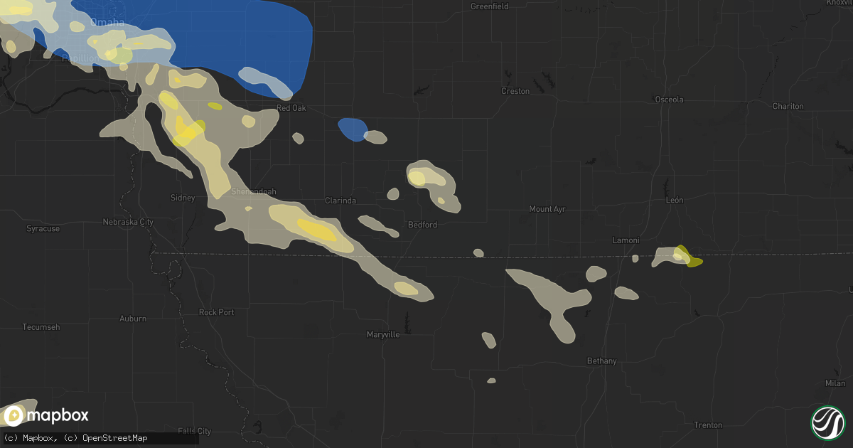 Hail map in Bedford, IA on June 13, 2026