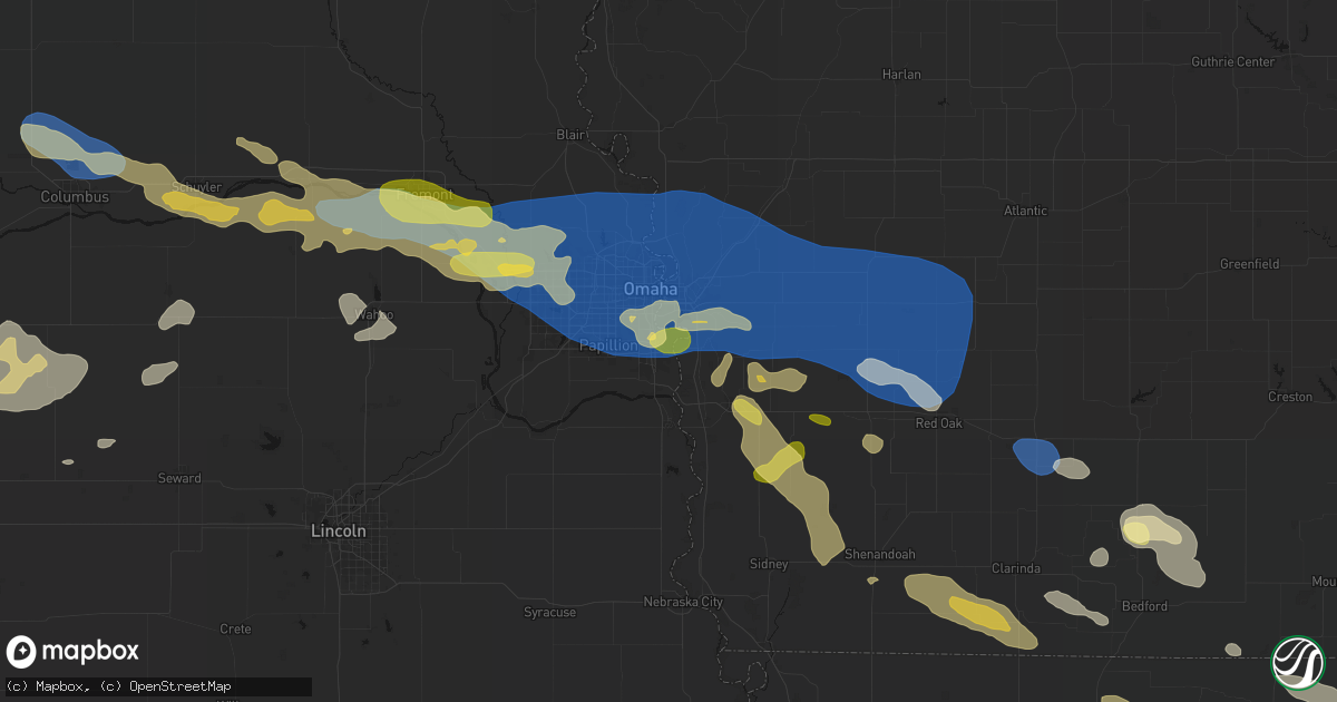 Hail map in Bellevue, NE on June 13, 2026