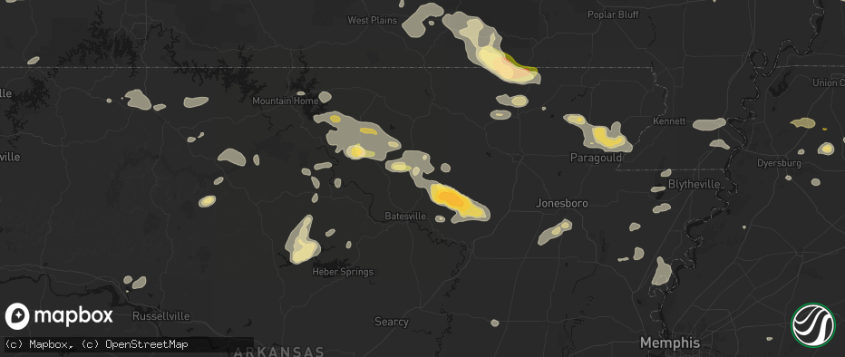 Hail map in Cave City, AR on June 13, 2026
