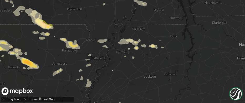 Hail map in Dyersburg, TN on June 13, 2026