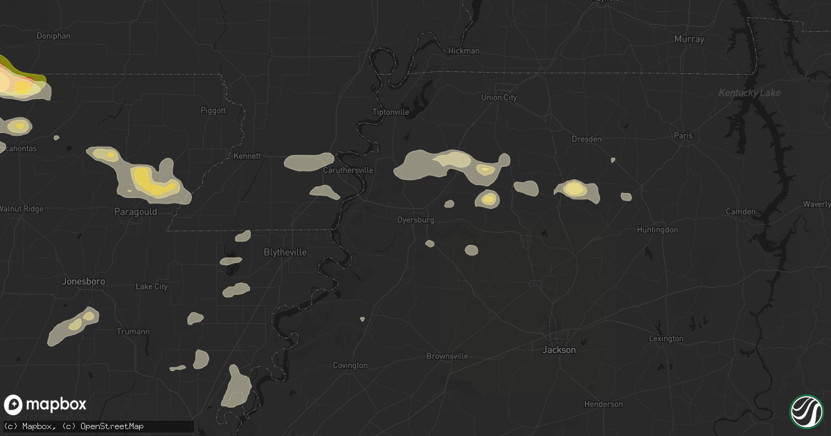 Hail map in Dyersburg, TN on June 13, 2026