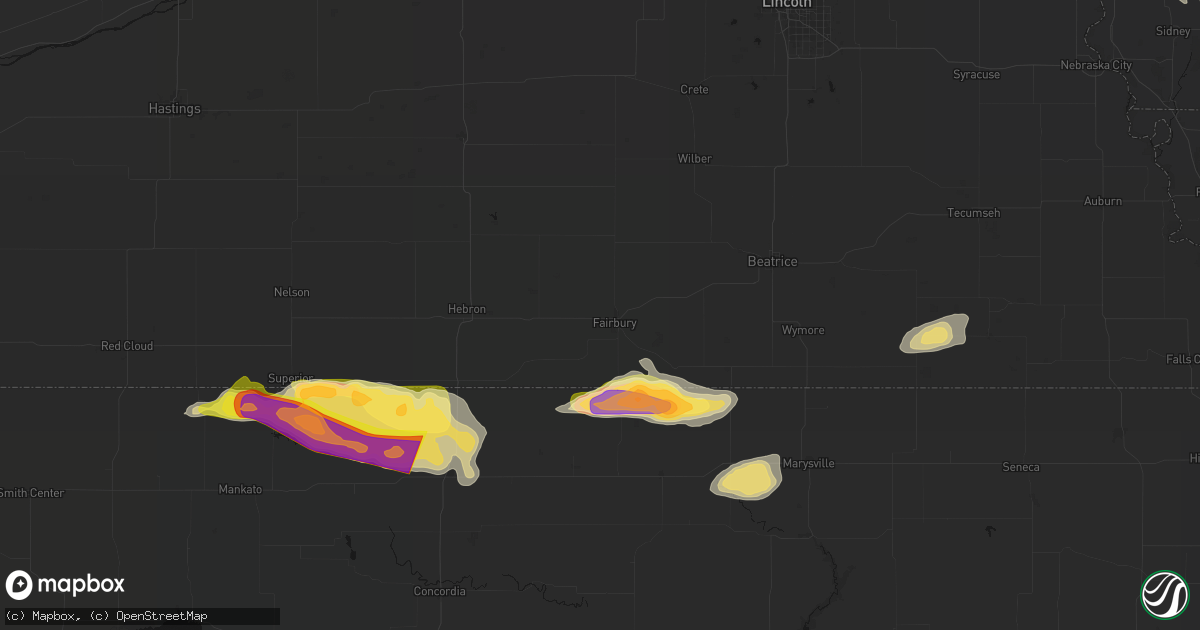 Hail map in Fairbury, NE on June 13, 2026