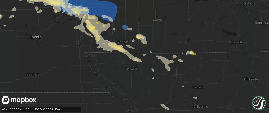 Hail map in Hopkins, MO on June 13, 2026