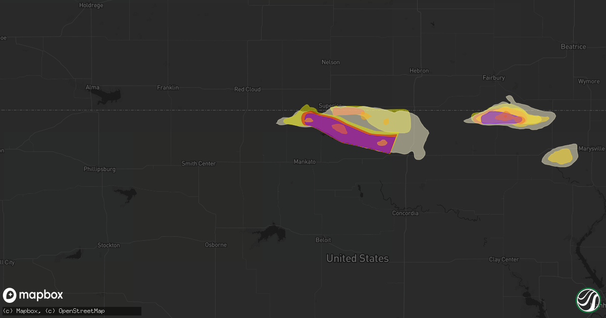 Hail map in Mankato, KS on June 13, 2026
