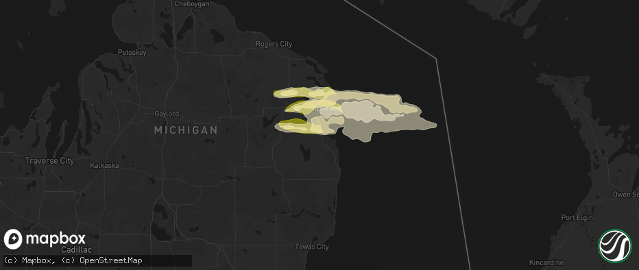 Hail map in Ossineke, MI on June 13, 2026
