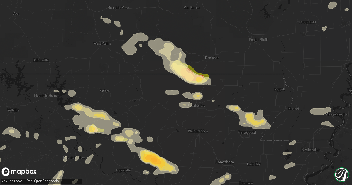 Hail map in Ravenden Springs, AR on June 13, 2026