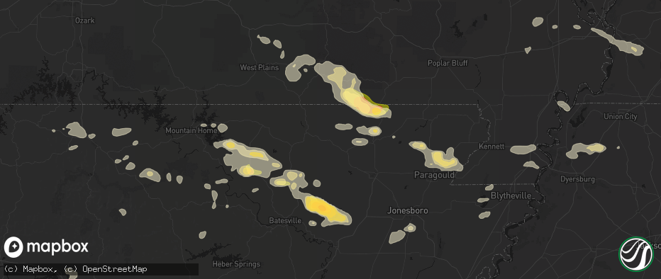 Hail map in Ravenden, AR on June 13, 2026