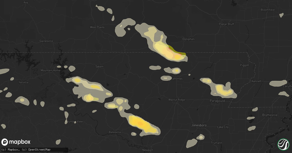 Hail map in Ravenden, AR on June 13, 2026