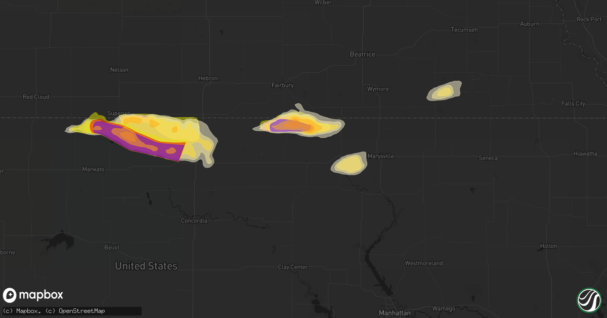 Hail map in Washington, KS on June 13, 2026