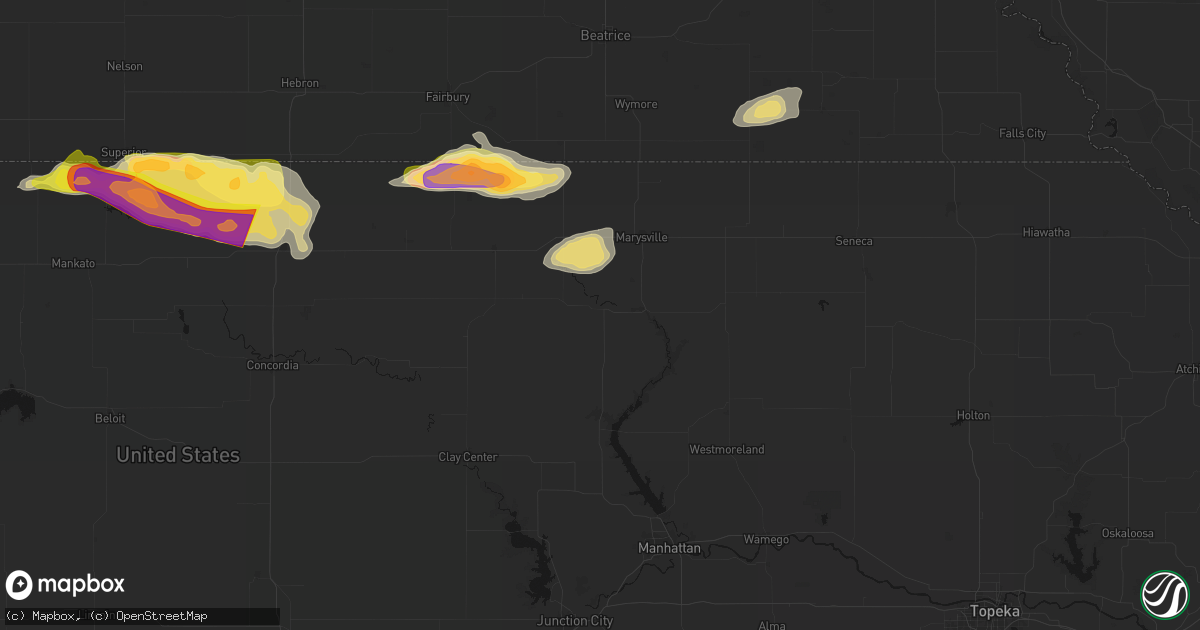 Hail map in Waterville, KS on June 13, 2026