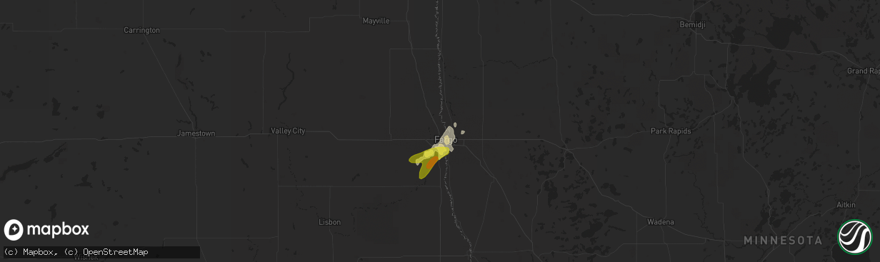 Hail map in Fargo, ND on June 14, 2018