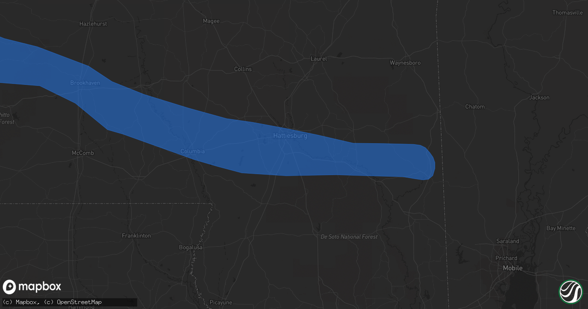 Hail map in Hattiesburg, MS on June 14, 2023