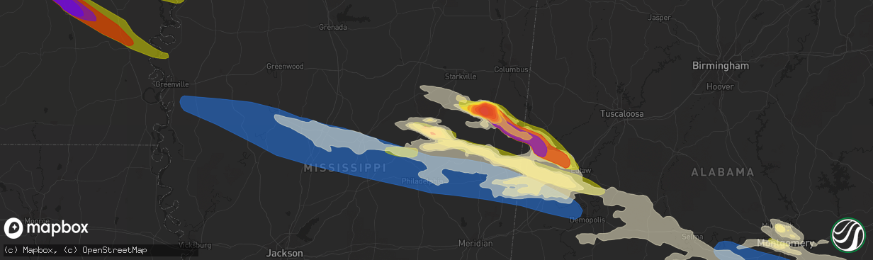 Hail map in Louisville, MS on June 14, 2023