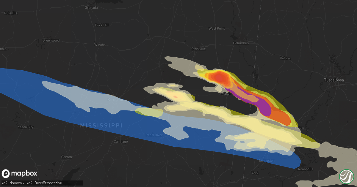 Hail map in Louisville, MS on June 14, 2023
