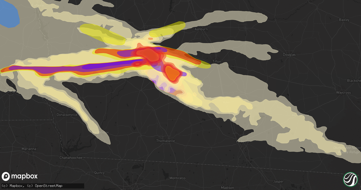 Hail map in Moultrie, GA on June 14, 2023