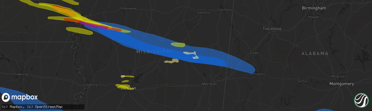 Hail map in Philadelphia, MS on June 14, 2023