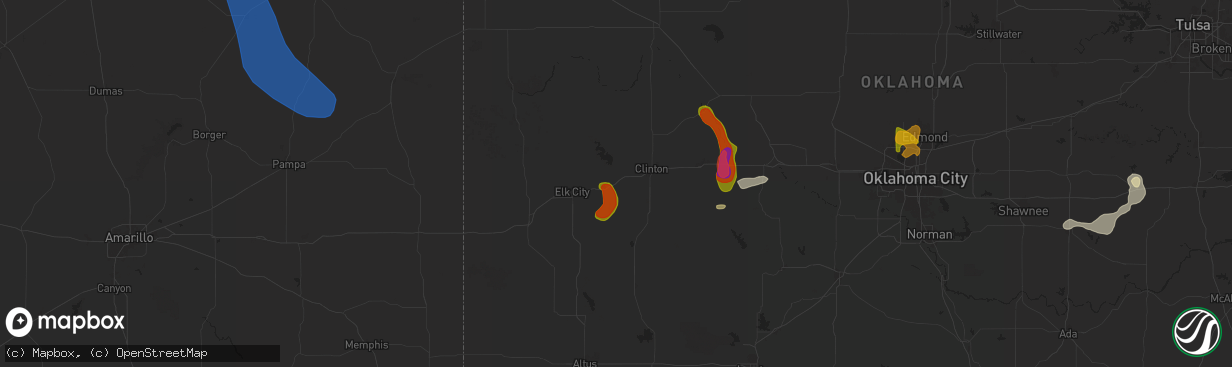 Hail map in Foss, OK on June 14, 2025