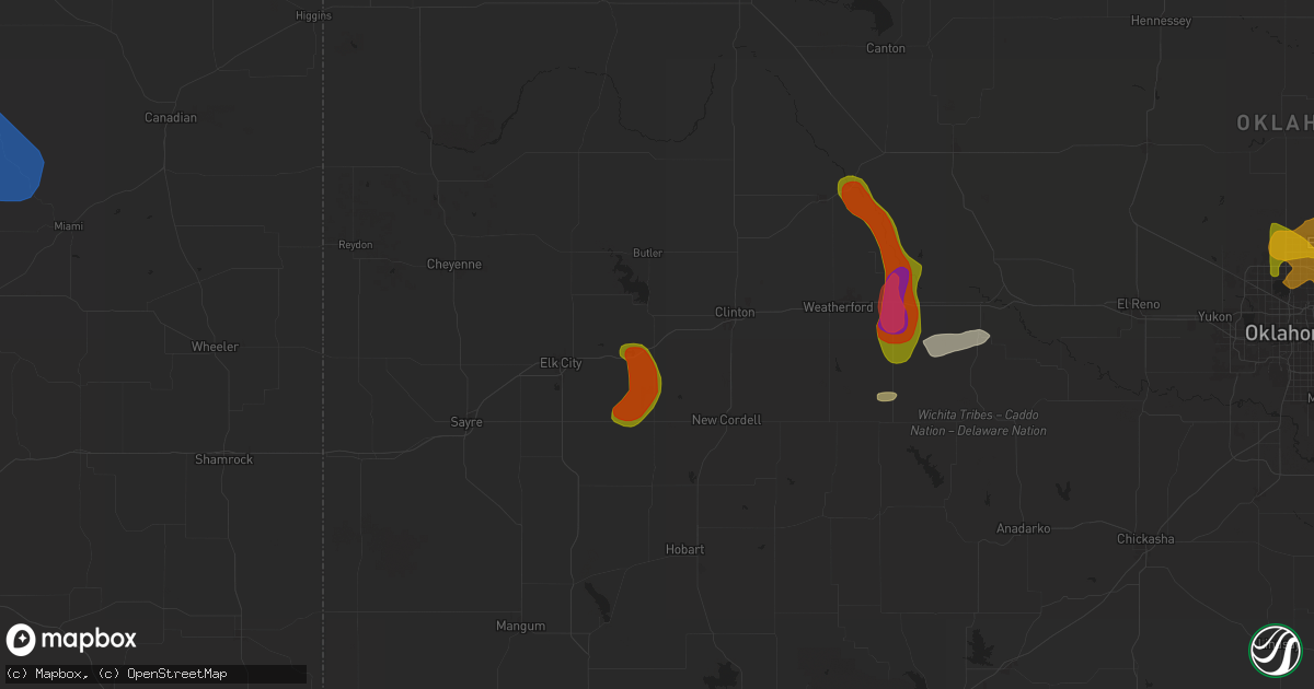 Hail map in Foss, OK on June 14, 2025