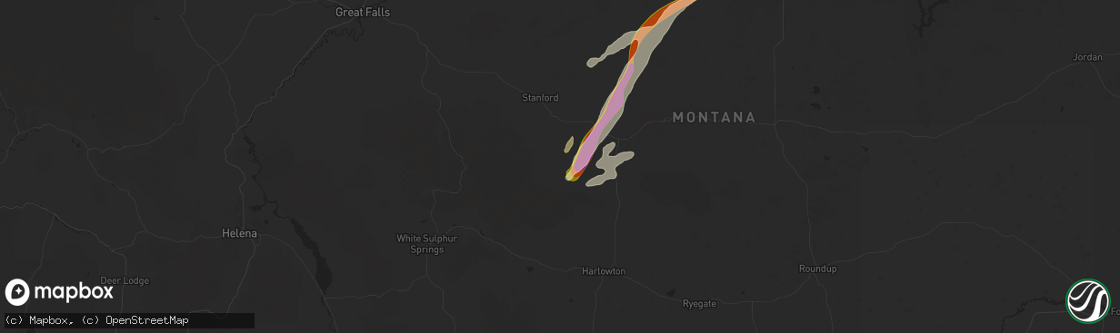 Hail map in Hobson, MT on June 14, 2025