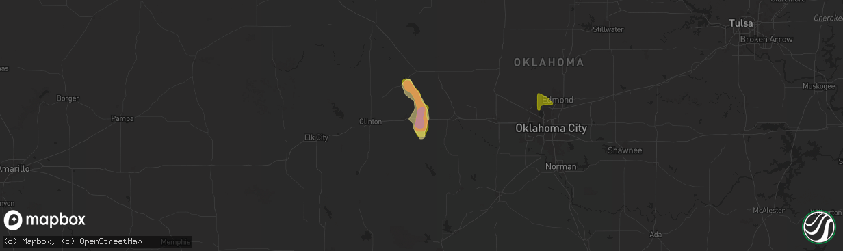 Hail map in Hydro, OK on June 14, 2025