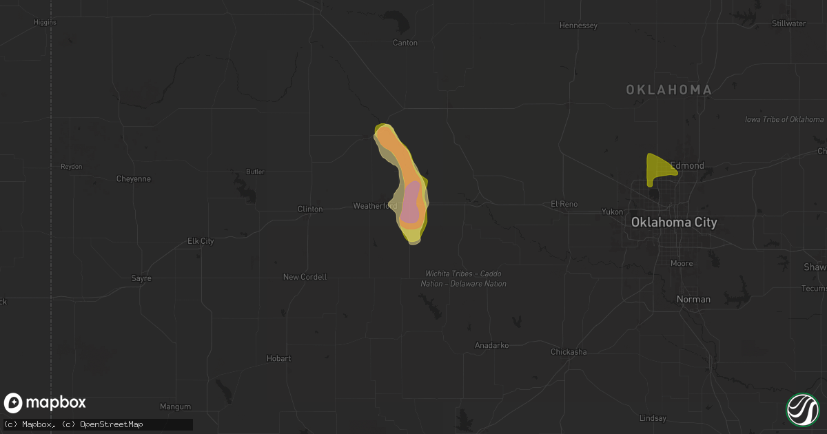 Hail map in Hydro, OK on June 14, 2025