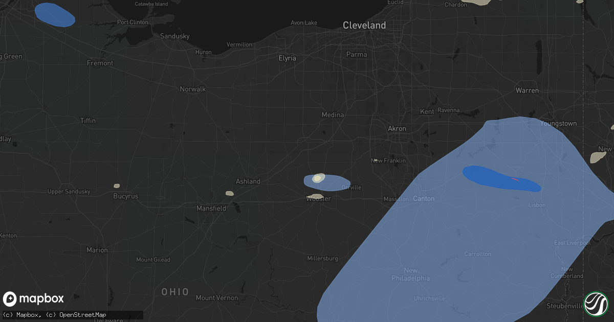Hail map in Burbank, OH on June 14, 2026