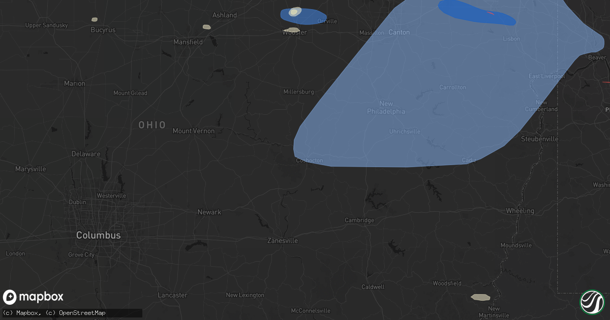 Hail map in Coshocton, OH on June 14, 2026