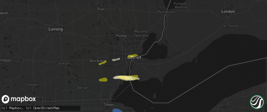 Hail map in Detroit, MI on June 14, 2026