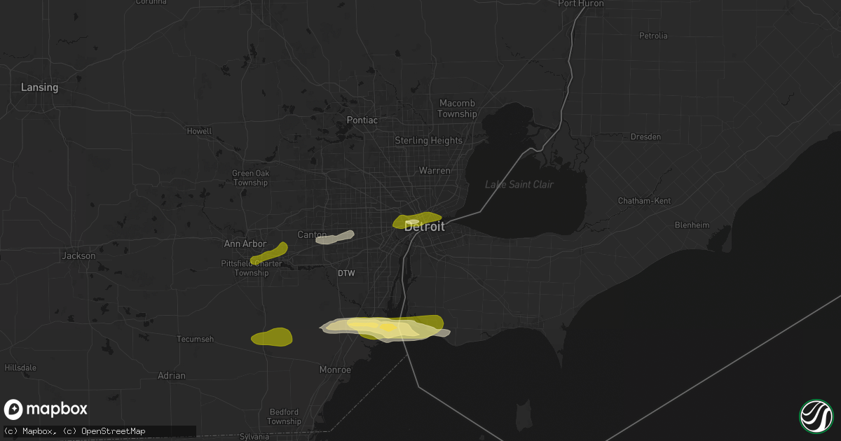Hail map in Detroit, MI on June 14, 2026