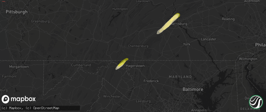 Hail map in Greencastle, PA on June 14, 2026