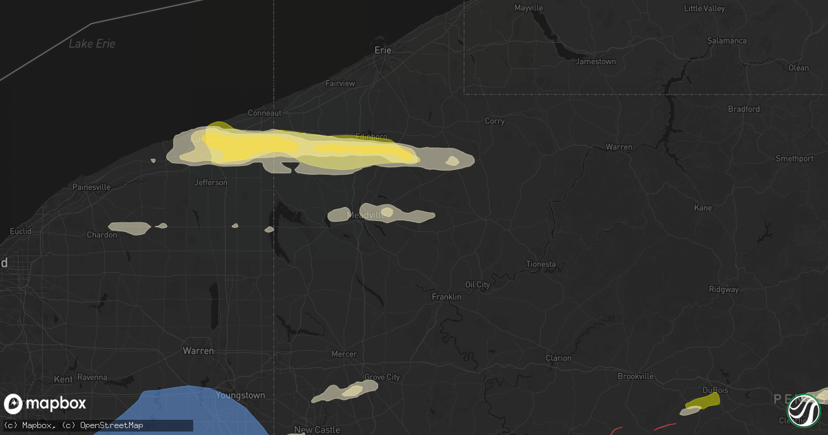 Hail map in Guys Mills, PA on June 14, 2026