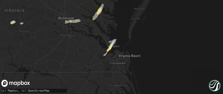 Hail map in Hampton, VA on June 14, 2026