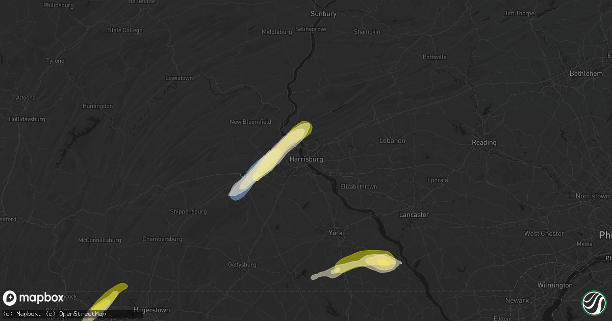 Hail map in Harrisburg, PA on June 14, 2026