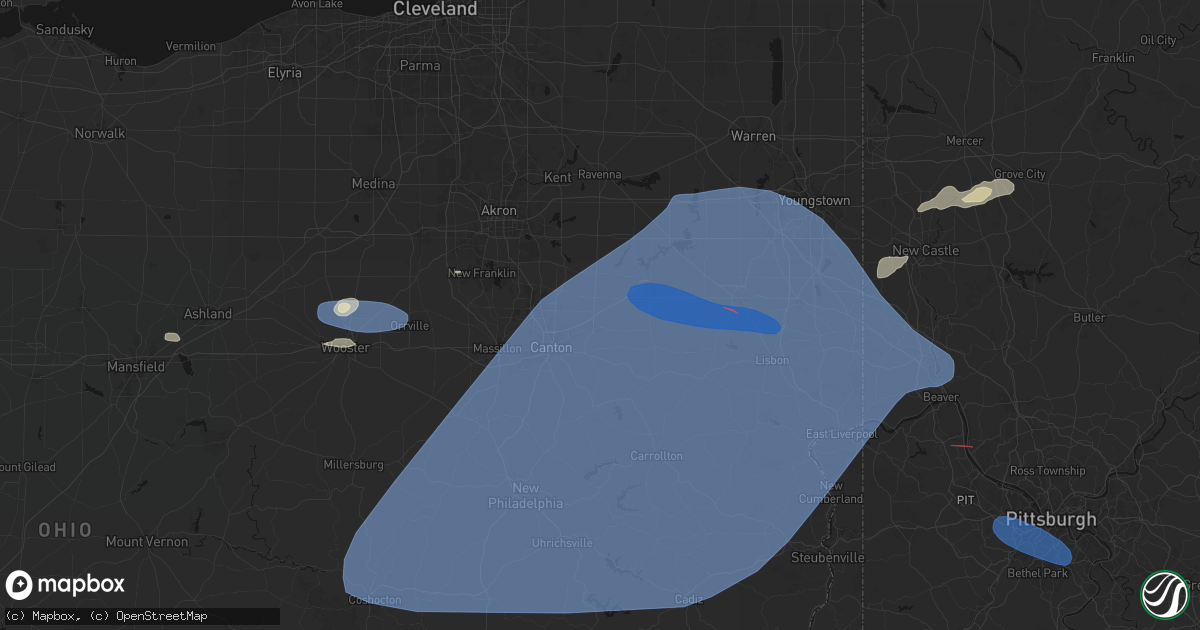 Hail map in Louisville, OH on June 14, 2026