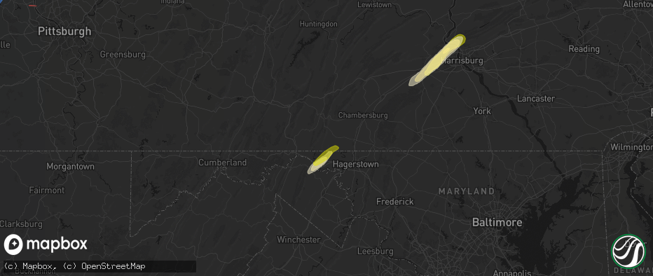 Hail map in Mercersburg, PA on June 14, 2026