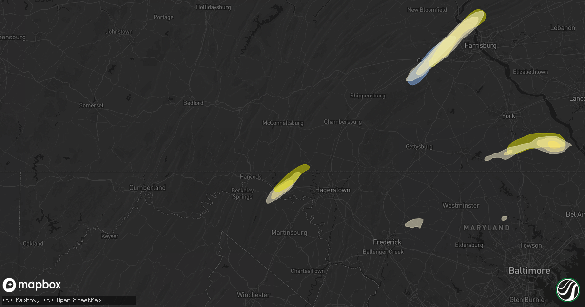 Hail map in Mercersburg, PA on June 14, 2026
