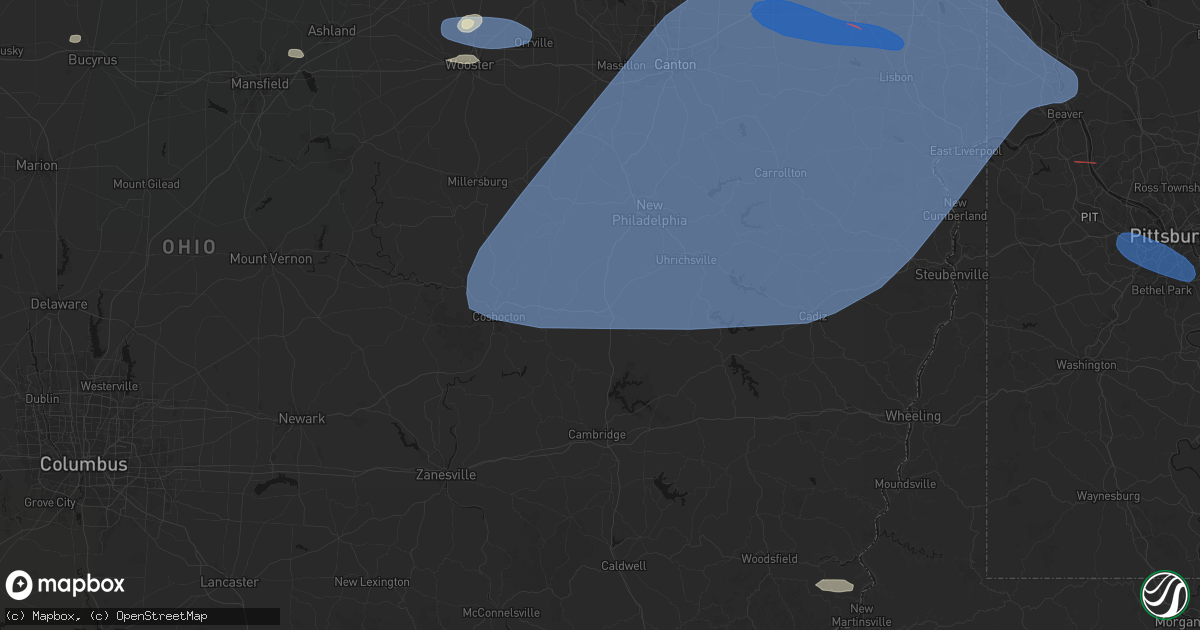 Hail map in Newcomerstown, OH on June 14, 2026
