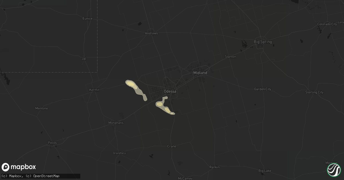 Hail map in Odessa, TX on June 14, 2026