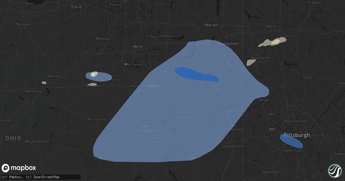 Hail map in Robertsville, OH on June 14, 2026