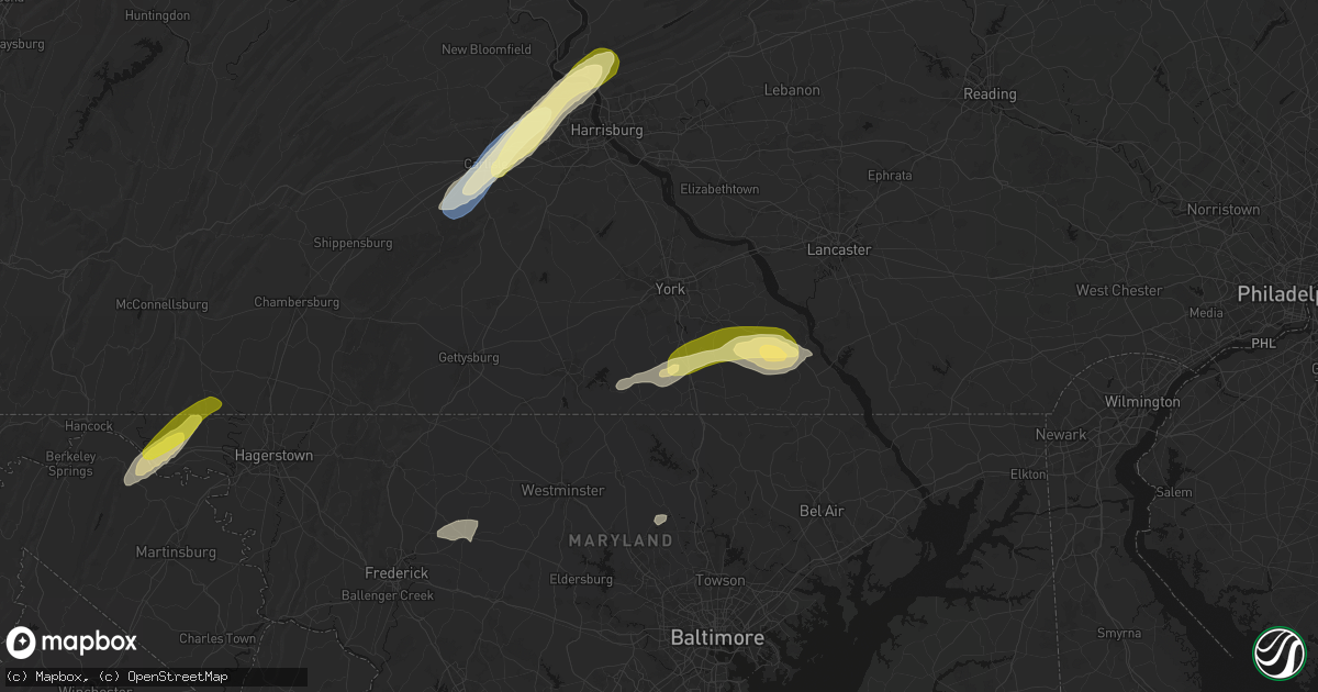 Hail map in Seven Valleys, PA on June 14, 2026