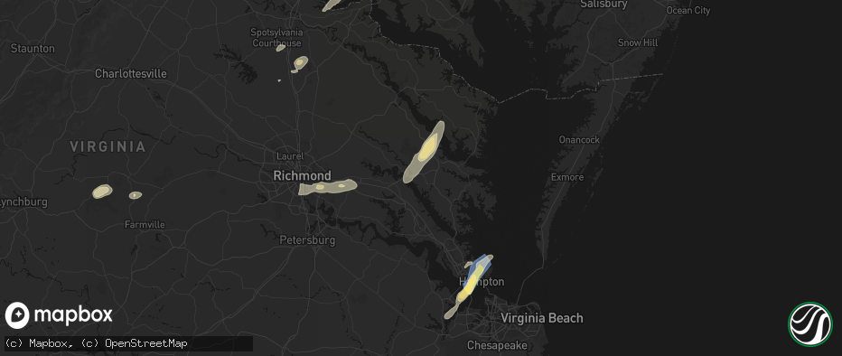 Hail map in Shacklefords, VA on June 14, 2026