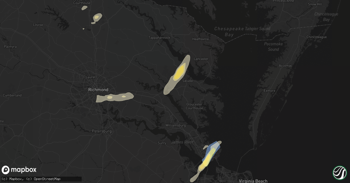 Hail map in Shacklefords, VA on June 14, 2026