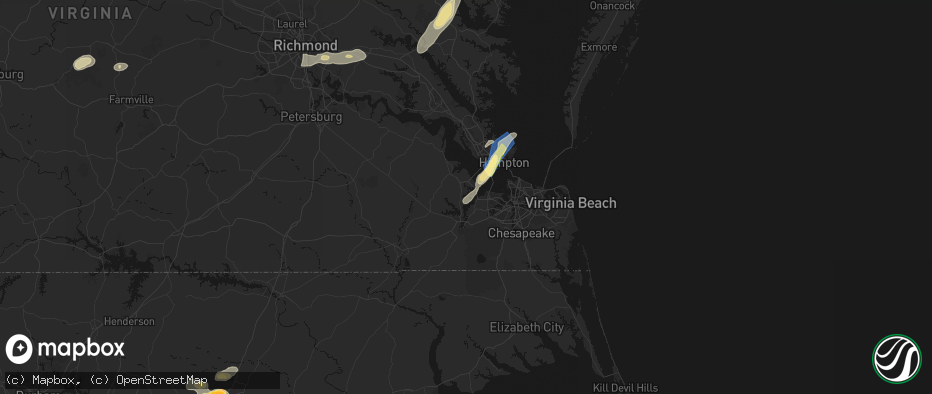 Hail map in Suffolk, VA on June 14, 2026
