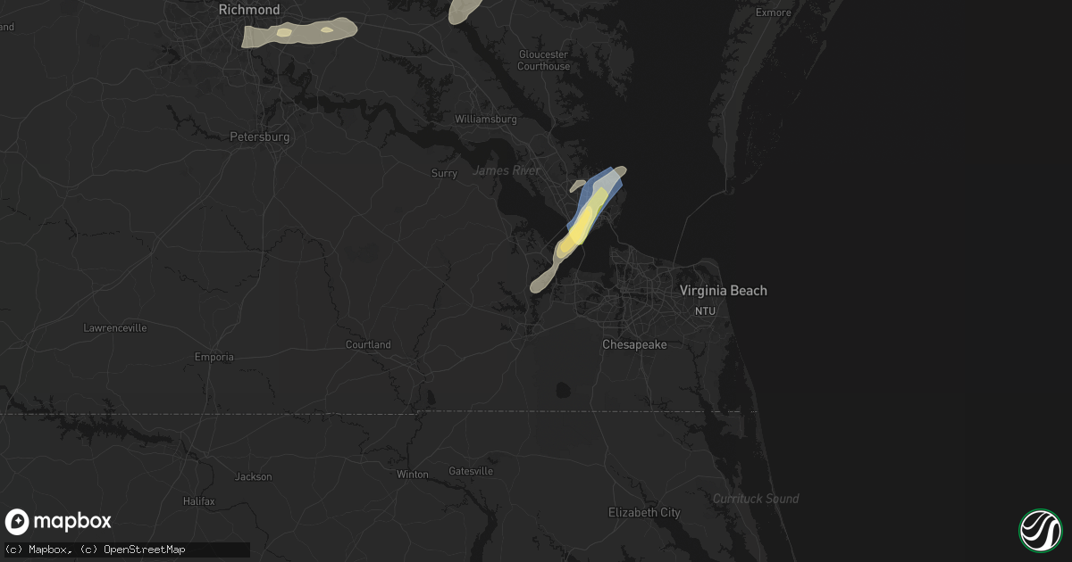 Hail map in Suffolk, VA on June 14, 2026