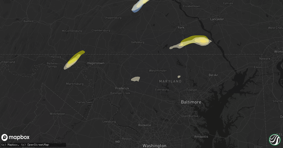 Hail map in Union Bridge, MD on June 14, 2026