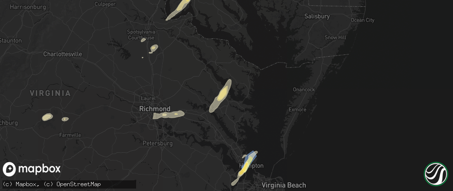 Hail map in Urbanna, VA on June 14, 2026