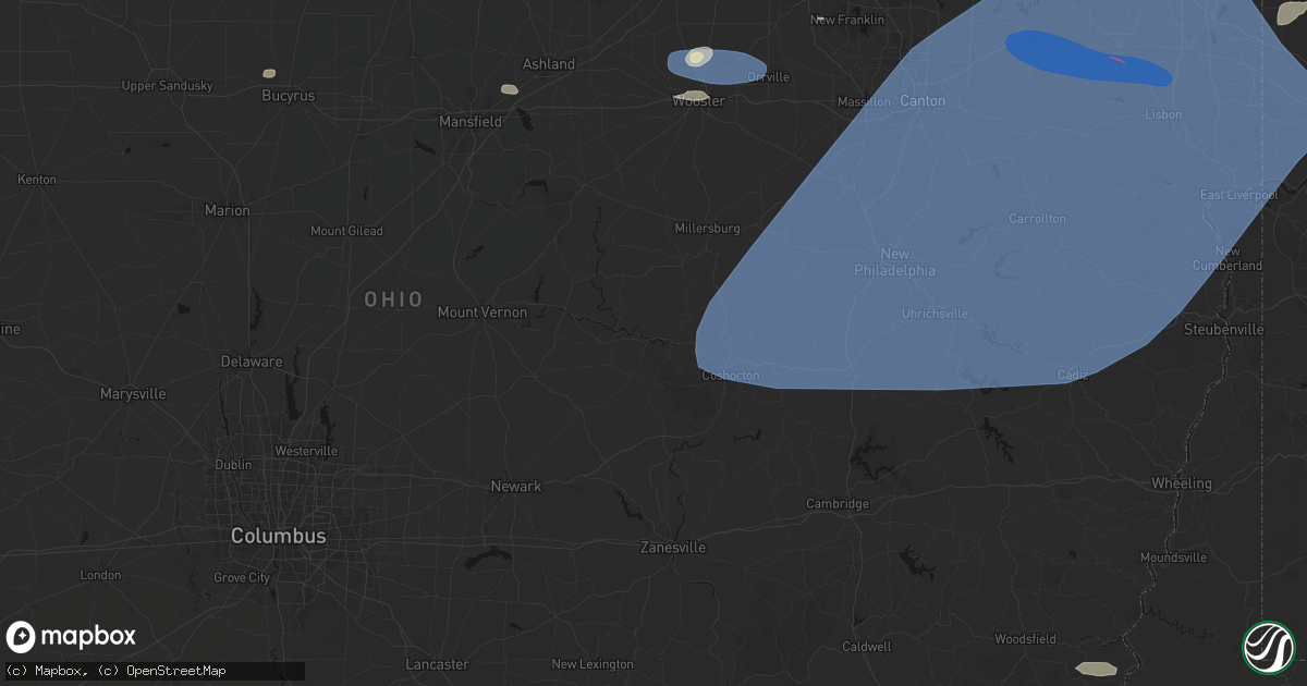 Hail map in Warsaw, OH on June 14, 2026