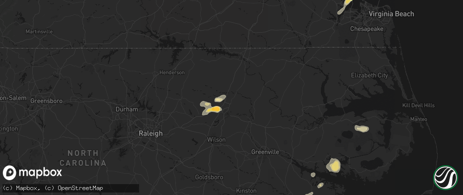 Hail map in Whitakers, NC on June 14, 2026