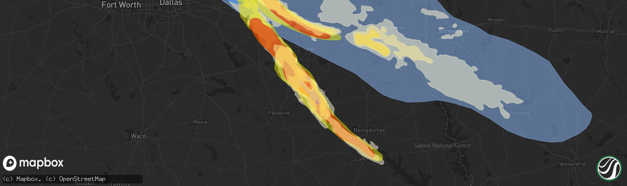 Hail map in Jacksonville, TX on June 15, 2023