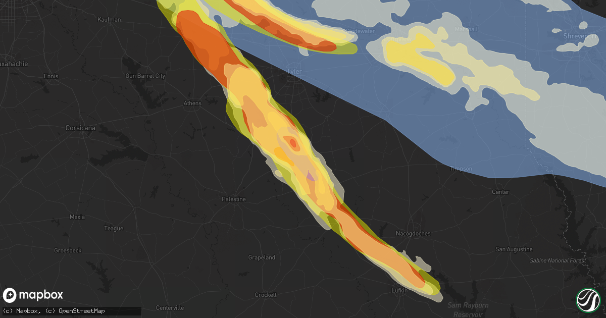 Hail map in Jacksonville, TX on June 15, 2023